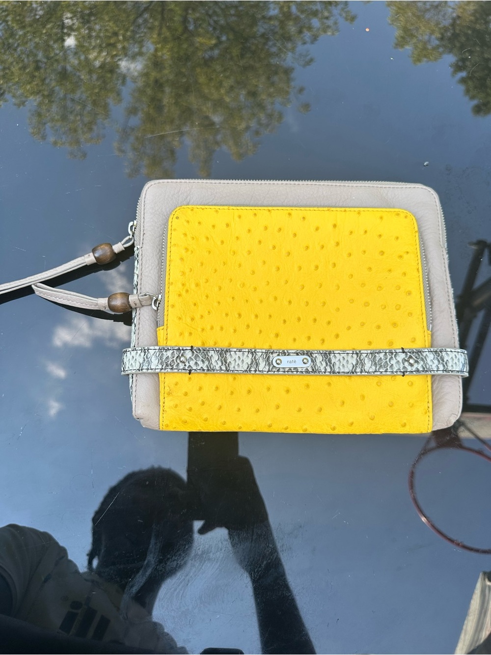 Rafe Yellow Ostrich-Embossed & Taupe Crossbody with Snakeskin Strap